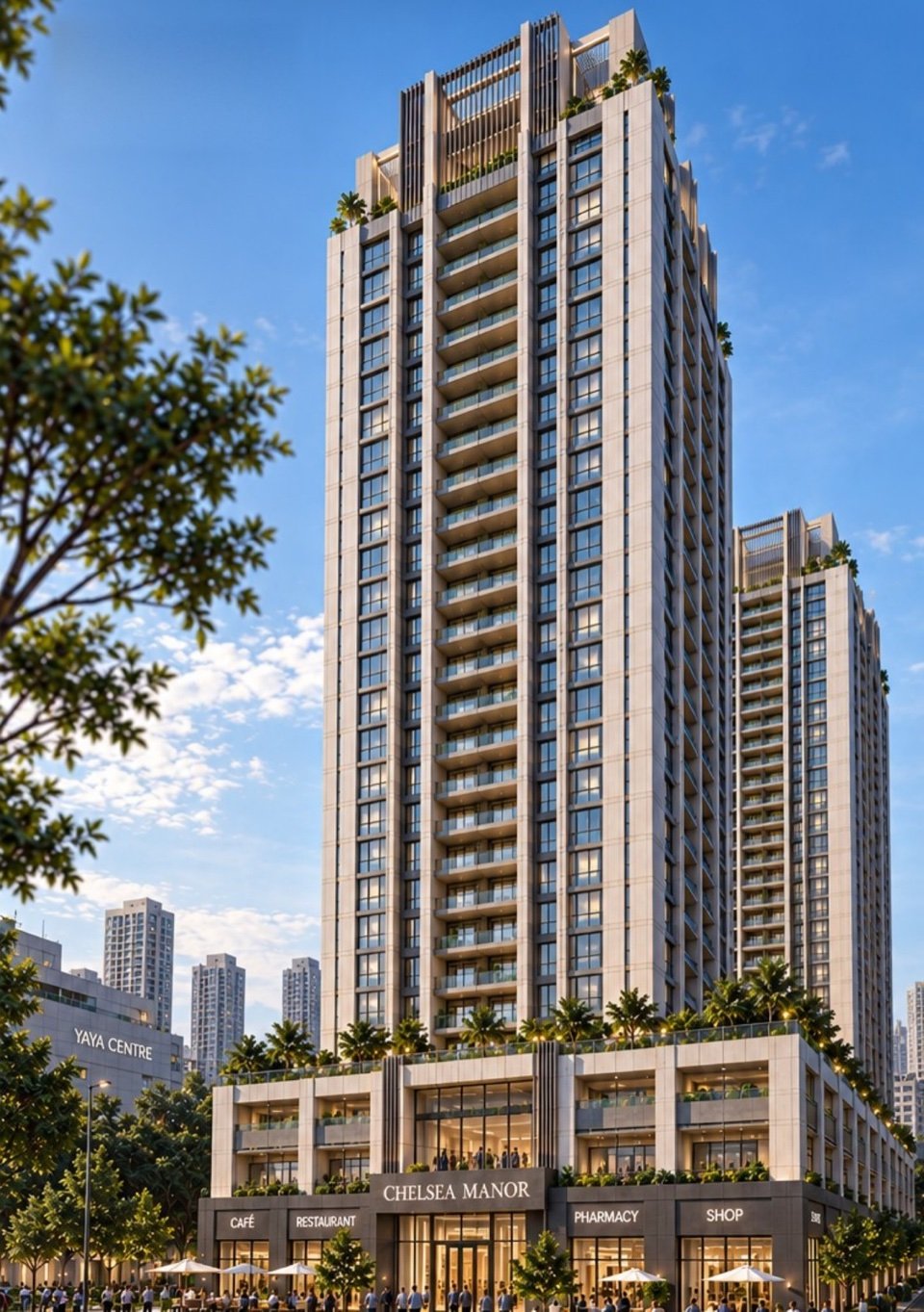 Chelsea Manor exterior rendering, twin-tower view. Design illustration, not a site photograph.